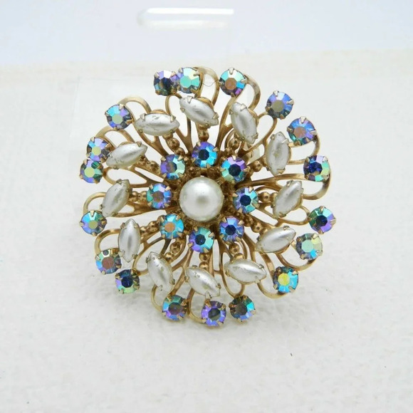 Gold Tone Faux Pearl Blue AB Rhinestone Star Set - Picture 1 of 7